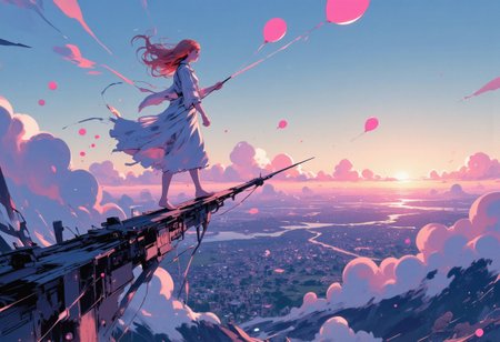 (Traditional Japanese Art Style) A young woman with fiery red hair cascading down her back, clad in a flowing white dress that billows gently in the wind. She is suspended high above the ground, as if walking on an invisible path, with one hand delicately holding onto a floating balloon that matches the hue of her attire. Her bare feet are positioned at an impossible elevation, and the expression on her face is one of serene concentration, her eyes focused on a distant horizon. Beneath her, the world is a canvas of miniature buildings and verdant landscapes that stretch out to the curve of the earth. The sky transitions from a soft blue to a vibrant array of purples and pinks, signaling the onset of twilight. The shadows cast by the setting sun elongate and distort the scene below, giving it a surreal and dreamlike quality. The atmosphere is filled with a sense of wonder and freedom, as if the woman has transcended the confines of the earthly plane. The perspective of the shot is from a great distance, emphasizing her ethereal presence and the vastness of the space she traverses, leaving the observer with the feeling of looking up at a celestial being in awe.