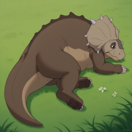 score_9, score_8_up, score_7_up, score_6_up, score_5_up, score_4_up, source_furry, thicknoselbt, feral, male,dinosaur, crest, spikes, Pachyrhinosaurus, brown skin, brown eyes, lying, in a grassy field