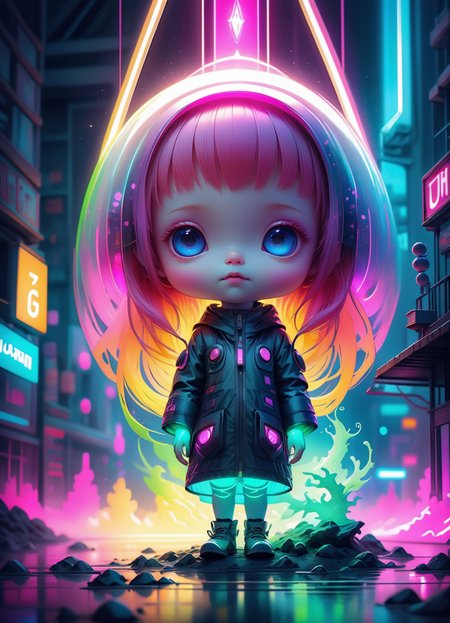Ombre color scheme of neon blue, neon pink, neon yellow, neon green, neon orange, hyperrealistic art  <lora:sss:0.6> cute little Japanese (alien:1.3) anime, neon lights, (foggy night:1.1), stunning (full body shot) anime art by (Mark Ryden:1.1, Camille Vivier:0.88) <lora:Nicoletta_Ceccoli_2:0.4> Nicoletta Ceccoli <lora:another-bored-monsters:0.65> fx-monsters <lora:AnotherBoredDetailXL:0.7>,  <lora:70s_Sci-Fi_Art_XL:0.8> <lora:g0th1cXL:0.8> g0th1cxl, glowing, neon . extremely high-resolution details, photographic, realism pushed to extreme, fine texture, incredibly lifelike, subsurface scattering, Photorealistic, Hyperrealistic, analog style, realistic, film photography, soft lighting, heavy shadow