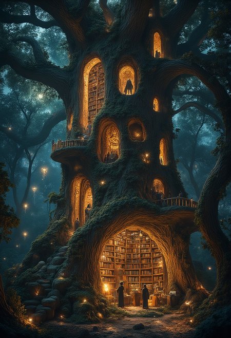 Improved cinematic photo, 35mm photograph, film, professional, 4k, highly detailed, aidmaMJ6.1,
A massive, ancient library carved into the trunk of a giant, living tree,
The tree is impossibly large, its bark textured with intricate patterns that resemble old, forgotten runes. Large arched windows and balconies are embedded into the tree’s trunk, glowing with warm, golden light that spills out into the surrounding enchanted forest.
The forest floor is blanketed with vibrant moss, glowing mushrooms, and tangled roots, with bioluminescent fireflies flitting about, leaving faint trails of light in their wake. Above, the tree’s vast canopy stretches into the night sky, its leaves shimmering with hues of silver and emerald, blending seamlessly with the stars.
Tiny, robed figures can be seen wandering along spiral staircases carved into the tree, carrying glowing books that seem to radiate knowledge. The scene exudes a sense of timeless wonder, as if the library holds the secrets of the universe, blending the ancient beauty of nature with the endless pursuit of wisdom.