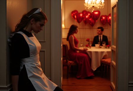 highly detailed , best, masterpiece, professional photography, realistic ,vintage, low saturation photo, scratches and noise,
PeytonSL is standing outside of a doorway. she is the focus of this image, demonstrating sad loneliness as she works on the holiday for the couple in the next room.she wears a maid uniform and is sad and lonely. she leans against the wall despondently, body turned towards the viewer. an open door way is positioned to the side of her.beyond the door we can see a young man and woman inside of an elegant wealthy dining room, the woman is wearing a beautiful red dress. she sits at the dinner table having dinner with a man. the dining room is full of roses and red heart balloons. this couple is in the background of the image but the focus is on the lonely maid. the image conveys a sense of loneliness on Valentine's day, of being apart and separated from the lively scene while bound to it as the household servant who doesn't even get a day off. the viewer should sympathize with and ache for the maid's plight.