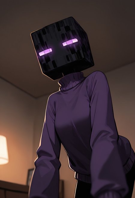 masterpiece, best quality, amazing quality, very aesthetic, absurdres, newest, , detailed background, 
 movie scene, cinematic scene, cinematic, foreground blur, depth of field, 
klskx
enderman, no humans, purple eyes, rectangle eyes, , solo, black skin, no mouth, square head, square body, black head , pokemon (creature), 
wearing jumper, purple jumper, living room, leaning forward, from below, dark room, glowing eyes, turtle neck, long sleeves,