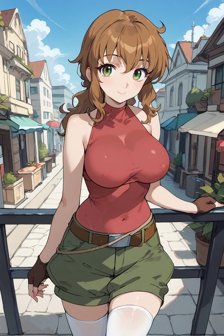 score_9, score_8_up, score_7_up,, score_ANIME,  christinasierra, 1girl, solo, fingerless gloves, brown hair, ,green eyes,, green shorts, sidelocks, large breasts, belt, , long hair, white thighhighs,ponytail, sleeveless turtleneck, cowboy shot, red leotard, , looking at viewer  <lora:christina_sierra_pony:1>,  light smile,  city