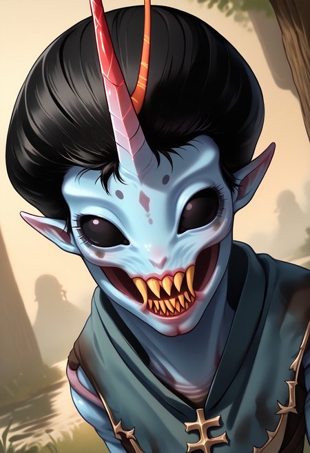 ((Alien humanoid)),
((Alien species)), solo, androgynous, aquatic features 
blue skin, ((webbed hands)):1.3,
((No nose)):1.3, ((nostrils only, nostril slits, vertical nasal slits, narrow nostrils)):1.5, ((narrow eyes)), ((black sclera, black irises)), smooth skin,  pointy ears, small ears, tiny ears, holes in skin, forehead horn, short horn, veiny horn, ((single horn)):1.0, ((4 fingers)), fingernails, thin lips, ((black hair)), ((short hair, spiky hair)), sharp teeth, digitigrade legs, bent legs,
mid-range shot, upper body focus
ragged clothes, muddy clothes, loincloth, tunic, dirty
Medieval style, fantasy style,
((Variety)):1.2
((dutch angle, 3/4 view))
river background
fully clothed, loose clothing, clean lines, smooth colors, detailed fingers, sfw, source: realistic, rating: pg, score: 8 up, score: 9