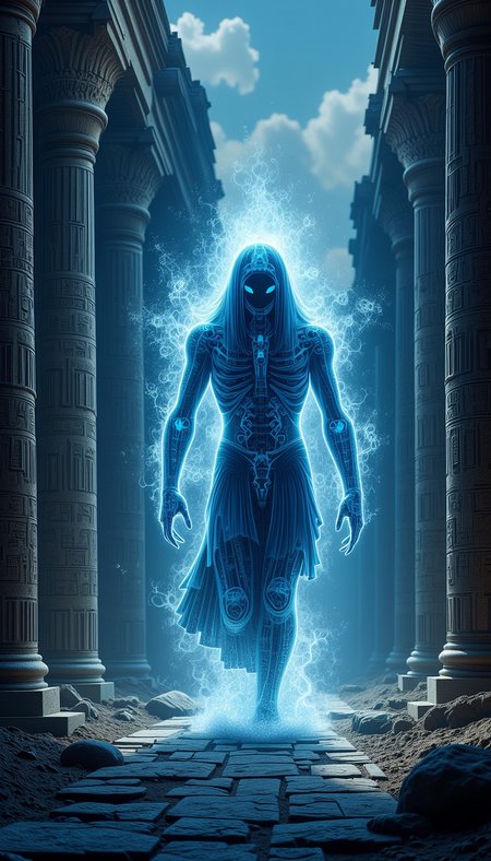 (transparent:0.4), XRayStyle,  Ancient Egyptian ruins, undead spirits casting an indigo aura at twilight