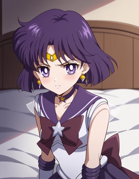 score_9, score_8_up, score_7_up, source_anime, <lora:hotaru-tomoe-eternal-movie1-ponyxl-lora-nochekaiser:1>, hotaru tomoe, purple eyes, short hair, purple hair, circlet,, brooch, choker, earrings, gloves, jewelry, magical girl, miniskirt, purple sailor collar, sailor collar, sailor senshi uniform, skirt, star choker, white gloves,, indoors, bed, bed room, on side, blush, drunk, looking at viewer, solo,, cowboy shot, dutch angle