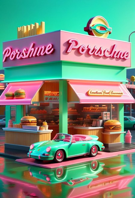 ispzxll, diorama, isometric, miniature, volumetric lighting style, intricate details, pastel-pink and seafoam-green porsche convertible car, wet pavement, fast food drive-thru, line of cars, burgers, fries, soda drinks, neon signs, reflective surfaces, glossy, 8k