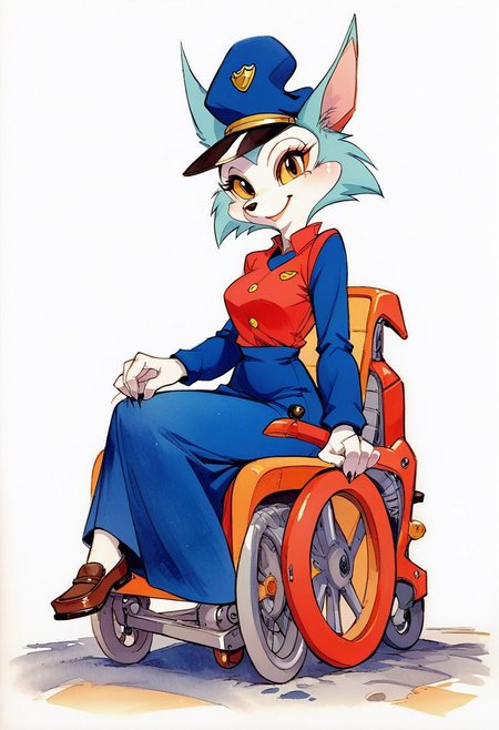 score_9, score_8_up, score_7_up, score_6_up, score_5_up, score_4_up, masterpiece, perfect face, perfect hands, high quality, source_cartoon, watercolor \(medium\), traditional media, merustyle, dynamic pose, side view, furry, carmen_patrol_03, carmen_fox, young adult, blue fox, 6 heads tall, fox girl, furry, yellow eyes , medium perky breast, thin waist, cute, detailed face, smiling, Police uniform, blue hat, mini skirt, bare legs, loafers, looking viewer, 
Powered Wheelchair, cyberpunk style wheel chair, mechanical parts, robot manipulator with wheelchair, carmen sitting wheelchair