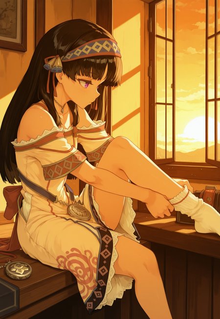 masterpiece,best quality,amazing quality, absurd, 1girl, solo, atslstera, black hair, long hair, hairband, purple eyes, slsteradef, beige dress, multicolored dress, print dress, necklace, off-shoulder dress, medallion, bare shoulders, sitting, dressing socks, adjusting legwear, indoor, relaxed, light blush, sunset, light from window, from side, cowboy shot,