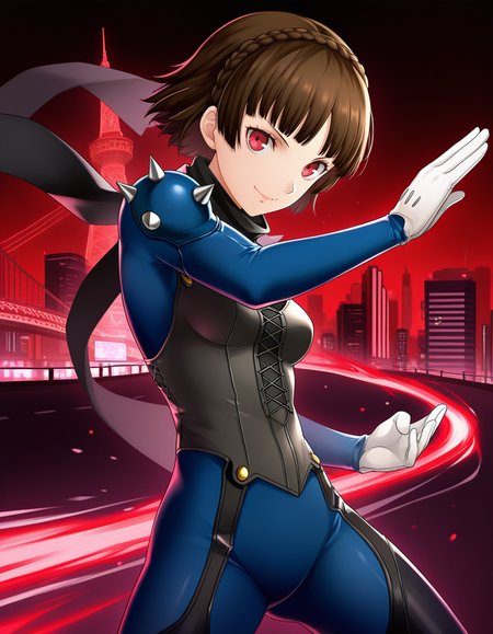(n1n4m0),    <lora:1_illu_ninamo_24e:1>, 1girl, Niijima Makoto, Persona 5, cowboy shot, brown hair, red eyes, crown braid, blue bodysuit, scarf, shoulder spikes, smile, closed mouth, short hair, small breasts, fighting stance, Tokyo, red and black background, city, (masterpiece, best quality, amazing quality),