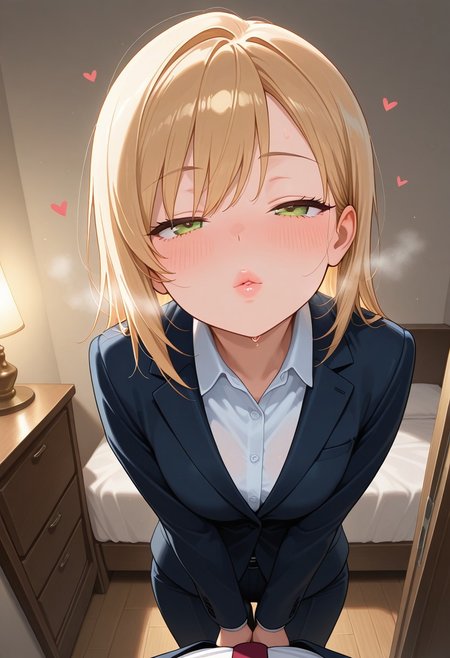 masterpiece, best quality, amazing quality, detailed, 1girl, pov, kiss, bedroom, background, cowboy shot, suit,