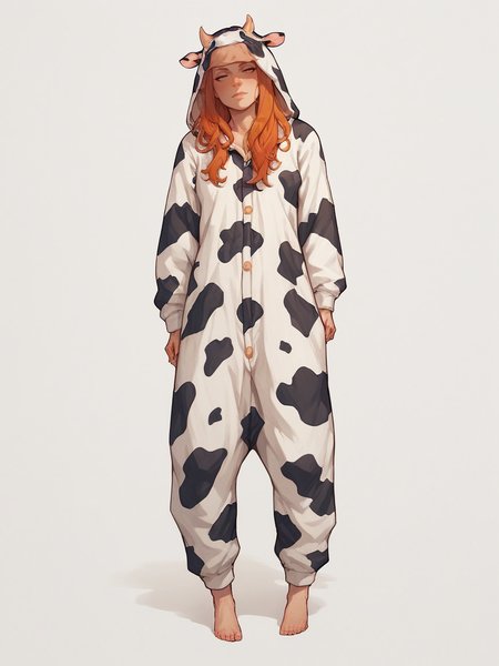 score_9, score_8_up, score_7_up, score_6_up, score_5_up,  <lora:CowonesieXLP:0.7> cow onesie, solo, cow print, animal costume, barefoot, 1girl, long hair, ginger hair