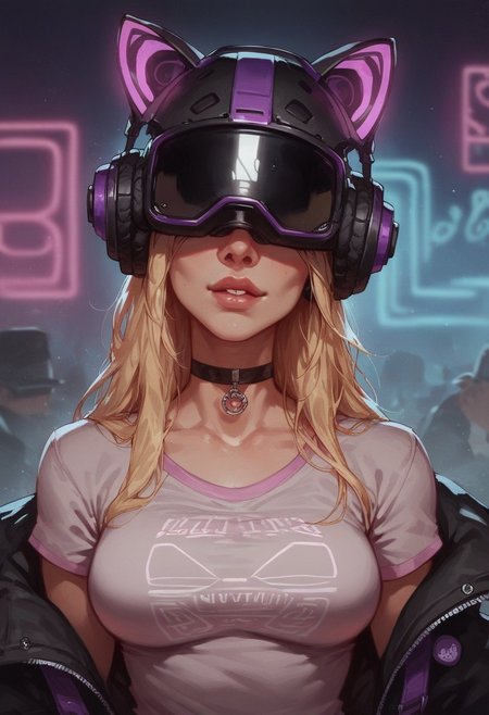 score_9, score_8_up, score_8_up, 1girl, gamer girl, pink T-shirt, blonde hair, (headphones with cat ears, covered eyes), virtual reality helmet,(oculus rift), sexy, nsfw,  neon lights, g0thicPXL,