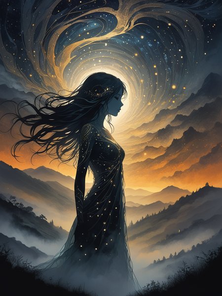 beautiful woman silhouette  woven from fog flying over foggy dark hills, bright  star shining within darkness body, score_9, super quality, neo-expressionist, detailed shading, dripping paint, styled in Art Nouveau