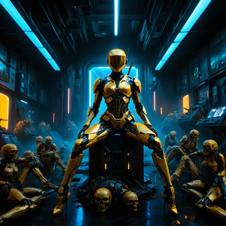 scifi post-apocalyptic theme, yellow, metall flake costume, glittering, futuristic golden,  cyborg, woman biorobot,  scratches, dents, heavy used outfit, black visor, sniper, rifle, right hand point to the viewer, sitting on the bunch of skulls,  in a neon cyber city, colorful, high contrast lighting, symmetric shot, smooth contours and sharp lines, sci-fi element, 3d rendering , atmospheric, best quality, sharp focus, high contrast, stylized, dark, clear, surreal, ultra quality, 8k, best quality, masterpiece, midjourneyv6.1, detailmaximizer <lora:MidjourneyV6.1:0.5> <lora:d\EnvyZoomSliderXL01:-3> <lora:add-detail-xl:2> <lora:SDXL_Breast Size Slider:0.5> <lora:Realism_Lora_By_Stable_yogi_SDXL8.1:1.7>  <lora:Mechanism-pdxl-1:0.8> <lora:cinematic color motion picture film style:0.8>  <lora:aidmaImageUpgraderSDXL-v0.3:0.5> <lora:S1_Dramatic_Lighting_v3:0.4> <lora:sdxl_glass:0.1> <lora:zy_Realism_Enhancer_v1:0.1>  <lora:SDXLFaeTastic2400:0> <lora:SDXLHighDetail_v6:0.1> <lora:SDXL_dark:0.5>