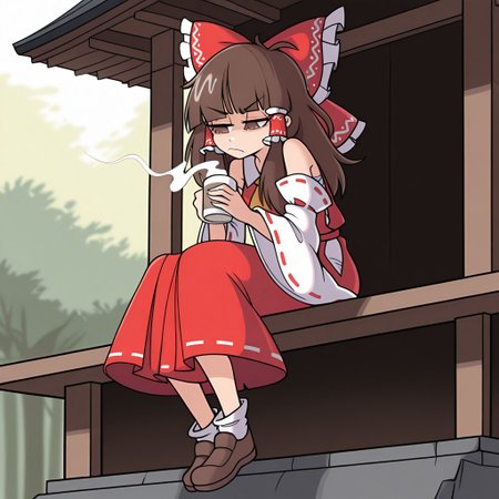 Radicalsoda, 1girl, (solo), Touhou Project, /(touhou_series/), Reimu Hakurei, tired, annoyed, half closed eyes, long hair, brown hair, bangs, brown eyes, red bow, sarachi, miko outfit, detached sleeves, shoes, holding cup, hot coffee, shrine, outdoors, masterpiece, best quality, amazing quality,