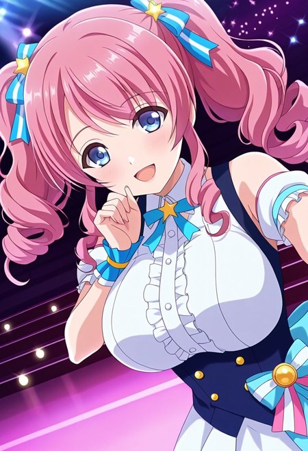 general,highres, ultra-detailed,very aesthetic,best quality ,best hands,best eyes,easynegative,
dynamic anglre, dutch angle, anime cloring,anime screencap,
1girl solo,looking at viewer,on stage, concert hall, dancing, smile, open mouth, 
Nonoka Kurusu,pink_hair, long_hair, wavy hair, rolling hair, blue_eyes, hair_ornaments,twintails, huge_breasts,idol costume,