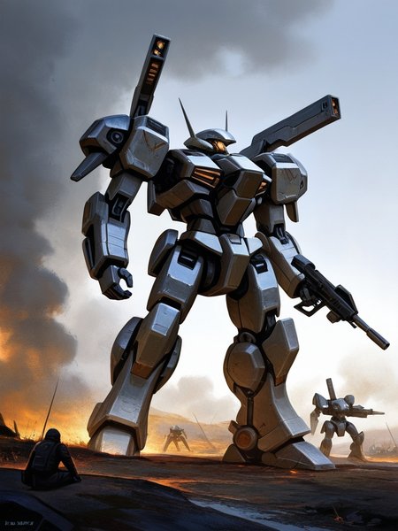 Best quality masterpiece,   Amazing very aesthetic absurdres newest embedding:my\ReaPnt1, painterly,   scenery, battlefield, science fiction,  mecha, smoke,  <lora:SPOl_10ep_4k>