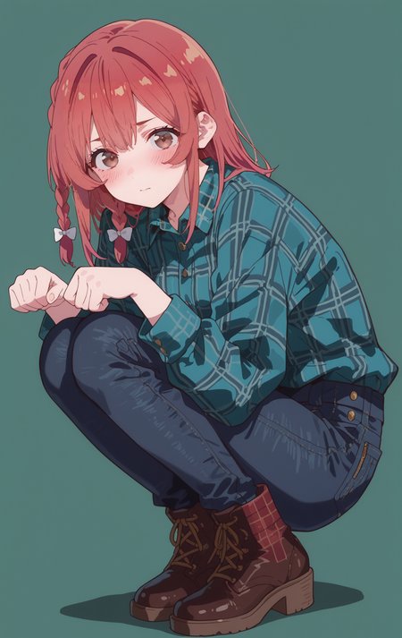 masterpiece,best quality,newest,absurdres,highres,
front view,full_shot,Contentment,looking_at_viewer,
<lora:SakurasawaSumiCYQL:1>,SakurasawaSumiCYQL,1girl,solo,red hair,braid,single braid,hair bow,brown eyes,blush,Plaid shirt, high-waisted jeans, leather booties,
full body,standing,paw_pose,,
darkgreen background,simple background,
<lora:ponyv4_noob1_2_adamW:0.7>,<lora:spo_sdxl_10ep_4k-data_lora_webui:0.6>,<lora:USNR STYLE_XL_loha:0.45>,<lora:748cmSDXL:1>,usnr,748cmstyle,