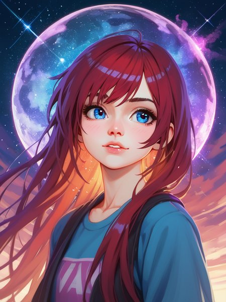 PDXL, <lora:KajpoV1:1>, k4jp0, volumetric reflections, volumetric shadows, HDR, shot on Canon DSLR,
1girl, cute face, detailed eyes, long red hair, blue eyes, upper body BREAK galaxy in the background, clouds