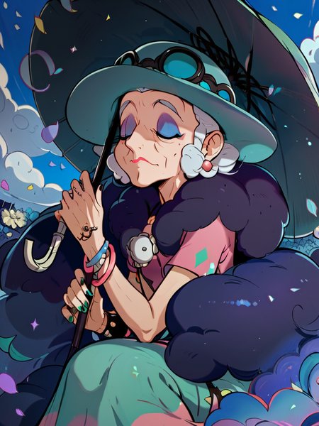 <lora:OpalPDXL_v1:1>OpalPDXL, old, 1girl, hat, umbrella, dress, makeup, green headwear, purple eyeshadow, eyeshadow, gloves, jewelry, solo, closed eyes, closed mouth, single glove, <lora:Expressive_H:0.8> ExpressiveH<lora:LineArt Mono Style LoRA_Pony XL v6:0.8><lora:J_cartoon:0.8> j_cartoon score_9, score_8_up, score_7_up,