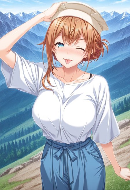 general,highres, ultra-detailed,very aesthetic,best quality ,best hands,masterpiece, best quality, newest, highres, score_9, score_8_up, score_7_up, source_anime, rating_explicit,1girl, yokota mamoru style,motion lines,,Very straight nose,slim,slender face,perfect nose,
hanasaki koharu, blue eyes, orange hair,side hair,slim,big breasts,long hair, chest lenth hair,sidelocks
 anime screencap，bazar，wearing Pakol Hat, wearing loose trousers ensemble forms part of traditional costume,one eye closed,one arm over the head, mountain valley, rugged mountains,from above, semi-arid climate area, Afghanistan valley,tongue out,torogao,seductive face,evil smile
