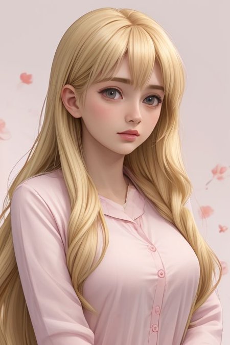 Sweet girl, lush long hair, blonde hair, flowers in her hair, strawberry pajamas, gray big eyes, plump pink lips, open pink delicate pajamas, peach flowers, soft pink background