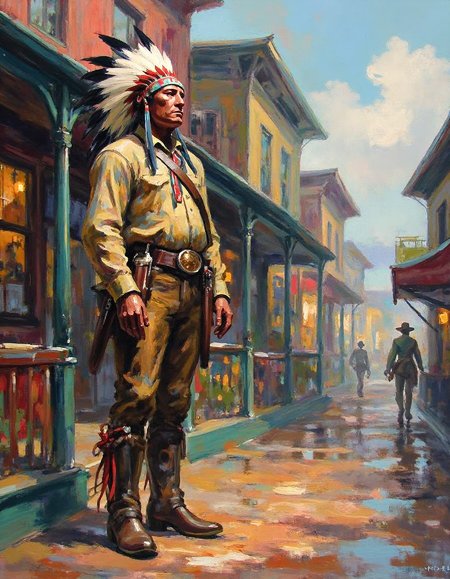 ssf_4bstr4ct painting of a native american standing in front of a saloon