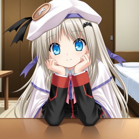 <lora:Noumi_Kudryavka_1_nai-000016:1>,official art,Noumi Kudryavka,bat hair ornament,
white beret,hat ribbon,black ribbon,purple ribbon,
white cape,school uniform,plaid skirt,black jacket,pink bowtie,long sleeves,white shirt,collared shirt,grey skirt,pleated skirt,miniskirt,
BREAK
1girl,solo,front view,looking at viewer,head rest,table,indoors,leaning forward,hands on own face,smile,kneeling,bedroom,arms on table,arm support,