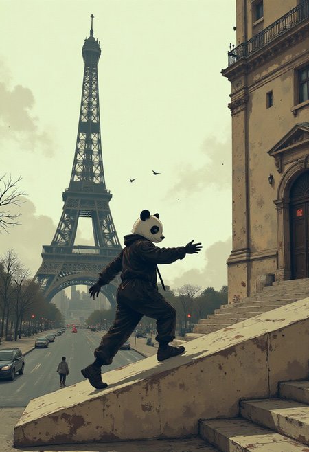 A humorous and surreal outdoor scene featuring a black and white Pandabear confidently walking on a sloped stone railing near a staircase. The backdrop includes the iconic Eiffel Tower in Paris, framed by a slightly overcast sky, creating a soft and muted color palette. The pande is mid-stride, exuding an air of confidence. 
The foreground showcases the light beige tones of the stone staircase and railing, with subtle wear and texture. The Eiffel Tower dominates the middle ground, its intricate ironwork visible in detail, contributing to the grandeur of the composition. The atmosphere is calm, with distant trees and light traffic faintly visible in the background, adding depth and context to the whimsical moment.