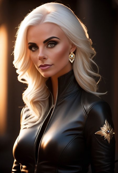 Samantha Ra Torval a woman in a leather jacket and latex gloves, Stunning full-body fashion portrait of a 28-year-old woman, radiating beauty with her flawless white hair and a confident, graceful stance. She's wearing alluring black satin nightwear that subtly accentuates her figure, with a deep neckline revealing her collarbone and cleavage. Her large breasts and bare shoulders are softly highlighted by warm backlighting, while a black choker enhances the elegance of her neck. The glossy sheen of her lips and delicate blush on her cheeks complement her pointy nose and freckles, giving her face a natural allure. Her thick, long hair cascades over her shoulder, partially framing her face as she looks down thoughtfully. Her eyebrows are bold, her eyelashes thick, and she wears understated jewelry, including earrings that sparkle in the subtle light. The background is softly blurred, drawing focus to her striking silhouette, creating an artistic masterpiece of shadow and light that evokes both mystery and sensuality.
