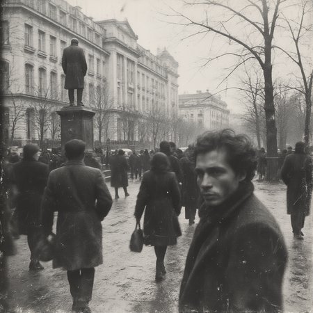 <lora:Vintage_Photo_Flux:1> 35mm B&W vintage street photo of 90s Russia, government building a statue of Lenin in front, a men in a grey suit standing and waiting, cloudy, fall season,