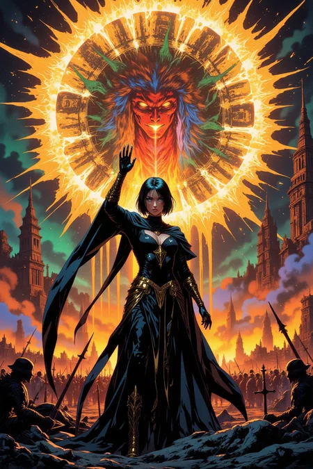Hyper-detailed digital illustration, in HD, 8K, and masterpiece quality, featuring a woman named Aman0ayam1, cloaked in an avant-garde, asymmetrical dress of shimmering dark fabric with sharp golden edges and flowing scarves trailing behind her. Her short, jet-black hair is styled into sleek, geometric layers, and she performs the "Vice Lords hand sign" with one glowing hand raised high and the other extended downward. A massive multiverse portal blooms behind her, resembling a cosmic sunflower of glowing amber, emerald, ruby, and onyx hues, consuming a celestial battlefield of broken swords and crumbling fortresses. The wide-angle shot captures her full-body stance, evoking a mood of mystical power and commanding presence, with soft rim lighting accentuating her elegant silhouette.,drkfnts style,ne0nfant4sy,mythp0rt