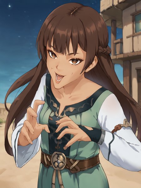 score_9, score_8_up, score_7_up, source_anime, BREAK
<lora:age_slider_v4:0>, (detailed eyes, detailed face, beautiful eyes, long eyelashes, thick eyelashes:1.5), (desert town, night time, beautiful night sky:1.5), (upper body, closeup:1.5), BREAK
 <lora:Genshin_NPC_NerminRaef_Pony_v1:0.8>, gnermin, brown hair, brown eyes, bangs, (very long hair:1.5), (windy, floating hair:1.5), (dark skin, very dark skin:1.5), (green dress, long dress:1.3), long sleeves, (sleeves past wrists:1.5), wide sleeves, white sleeves, sandals, black footwear, black bridal gauntlets, braid, collarbone, (tight belt, thin waist:1.5), BREAK
<lora:Concept_Meme_Joey_Wheelers_Creepy_Chin_B:1>, Joey_Chin_B, open mouth, HANDS UP, OPEN HAND, solo,