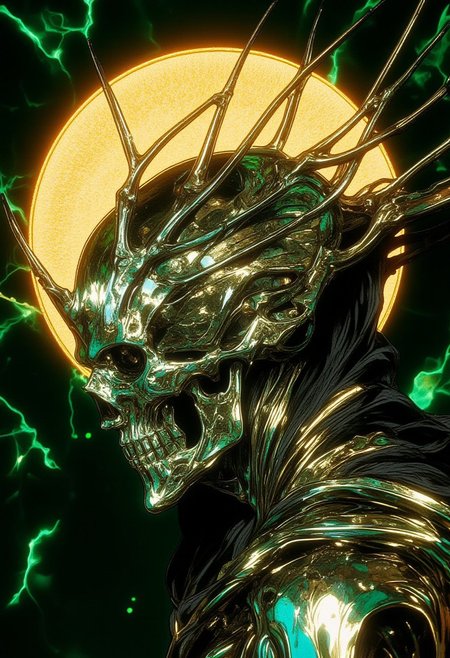 A digital artwork featuring a hyper-stylized depiction of Jesus Chrust in side profile, viewed from the left, with a thorny crown on his head, gleaming with a mirror-like sheen that reflects light in dazzling highlights.  Intricate line work and meticulous shading create a highly detailed, textured three-dimensional appearance, blending anatomical precision with artistic abstraction. Positioned along the left vertical third of the composition, Jesus adheres to the rule of thirds, achieving a harmonious and dynamic balance. Above its head, a radiant, glowing golden halo casts a celestial light, contrasting brilliantly with the sleek chrome finish. The background is a glowing emerald green, pulsating softly, creating a luminous backdrop that accentuates the figure’s reflective form. The interplay of glossy silvers and the glowing green environment amplifies the composition's futuristic and divine quality. The clean, sharp edges and stylized rendering bring a modern, high-impact aesthetic, while the minimalist design focuses the viewer’s attention on the skeleton and its ethereal halo. HD, 8K quality, ultra-detailed, masterpiece artwork.