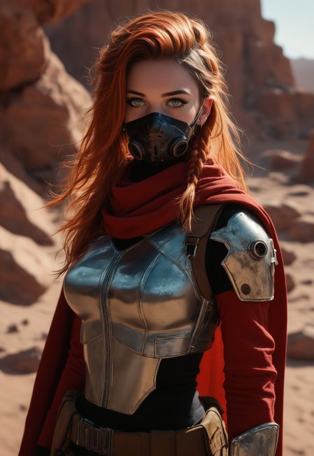 score_7_up, ((1girl, solo, 23yo))
shot of tall vikingpunk woman holding an red mad-srgns m41a rifle, she is wearing a futuristic plate armor with face mask and red cloak that are covered in celtic runes, her ginger braided hair floats in the wind as she through a barren desert,  <lora:ck-nc-pastel-cyberpunk:1.2> <lora:fluxVikingPunk:0.6>  
(((full clothed)))
 (8k uhd:1,4)
 <lora:Dynamic Poses:1>
 <lora:detailed_notrigger:1>