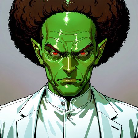 masterpiece, best quality, amazing quality, very aesthetic, absurdres, newest, drvenoilxl, 1boy, red eyes, male focus, pointy ears, green skin, white lab coat, bald,  (((old man))),  wrinkles, alien,looking at viewer, ((plain background)), solo, scowl,  ((white collar)), ((buttoned collar)), close up, portrait, (((afro))), side view