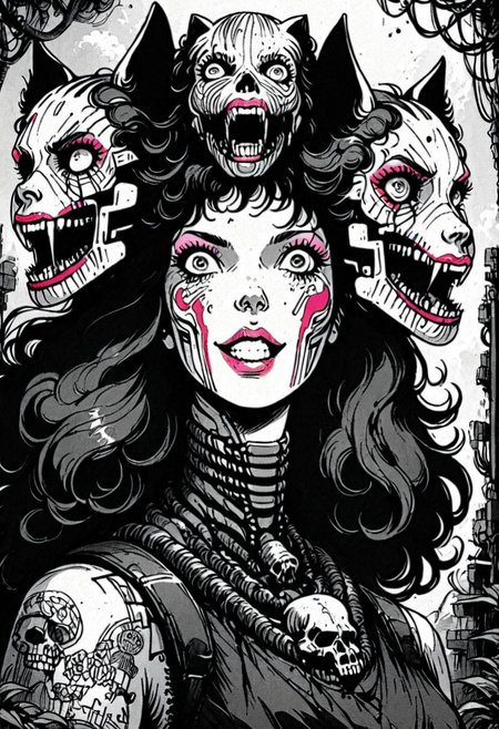 score_9, 1girl, solo, Barbie, xenotr1p, monochrome, selective pink color, knva, halftone effect, retro artstyle, jungle girl, barbarian, face paint, tattoos, long curly hair, (pink lips, pink eyeshadow), cowboy shot, creepy smile, horror, blood, selective red colour, neon, Patrick Nagel style, crazy eyes, cyberpunk, Cerberus, three heads,