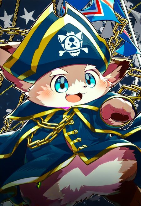 score_9, by zuppu11, animal, solo, blushing, blue eyes, cape, cat, chain, flag, furry, cute, kemono, furry male, no man's, open mouth, pirate, pirate hat, zPDXL3
