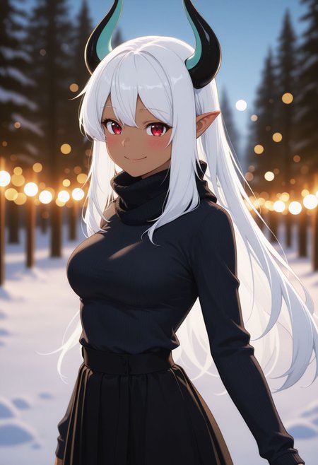 masterpiece,best quality,absurdres,highres,very aesthetic,high quality,detailed,insanely detailed,beautiful,perfect lighting, ,depth of field,blurry background,bokeh, looking at viewer,  smile, 
 <lora:Belzebub illu:1> 1girl, horns, medium breasts, white hair, pointy ears, dark skin, dark-skinned female, red eyes,  turtleneck sweater, long skirt, outdoors, scarf, winter, smile, blush
