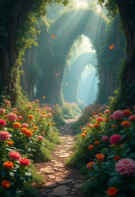 An image of a peaceful garden, full of blooming flowers and butterflies, representing the beauty of nature absent on Mars, 
in the style of the eerie ambiance of Ridley Scott's 'Alien' with 80s sci-fi nostalgia. Blend dreamlike, claustrophobic spaces, grimdark Warhammer 40K magic, and campy yet sinister tones. Envision a surreal, dystopian world where arcane forces meet retro-futuristic sci-fi, creating a uniquely haunting tableau