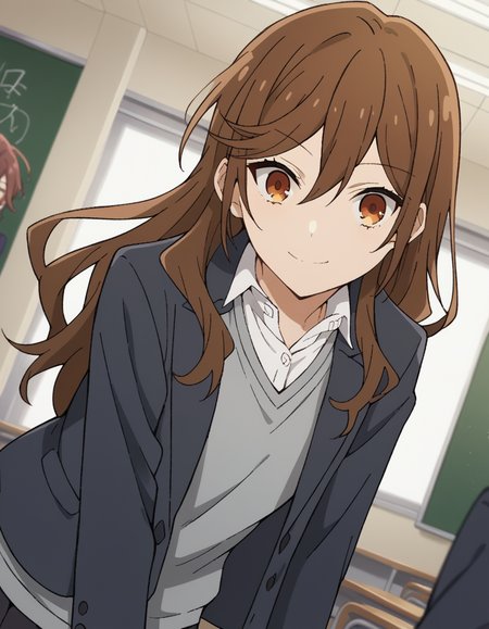 score_9, score_8_up, score_7_up, source_anime,
kyoukohori,  <lora:kyouko-hori-s2-ponyxl-lora-nochekaiser:1>,
kyouko hori, long hair, bangs, brown hair, hair between eyes, brown eyes,
shirt, school uniform, jacket, collared shirt, blazer, sweater, grey sweater, white shirt, black blazer, skirt, black skirt,
indoors, classroom, smile, bent over,
cowboy shot, looking at viewer, solo, dutch angle,