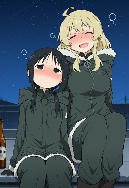 (Ahemaru:1.0), masterpiece, best quality, sitting, looking at viewer, 2girls, multiple girls, (chito, yuuri), (yuuri \(girls last tour\), blonde hair, black eyes, Yuuri_glt, yuu winter military uniform, (medium breasts:1.0), (chito \(girls last tour), black hair, Chito_glt, cht_winter_military_uniform, (beer bottle), happy, (drunk), blush, (industrial background), (on roof:1.2), (night:1.1), (stars:1.1)