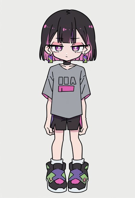 masterpiece, best quality, uncensored, source_anime BREAK score_9, score_8_up, score_7_up, score_6_up, score_5_up, score_4_up, 1girl, solo, nirachan, multicolored hair, short hair, colored inner hair, black hair, pink hair, purple eyes, earrings, jewelry, choker, Expressiveh, chibi, grey shirt, black footwear, short sleeves, sneakers, shoes, black shorts <lora:Expressive_H:0.6> <lora:add-detail-xl:0.5> <lora:ZutomayoStudyMe:0.8> <lora:rabbit_hole:1>