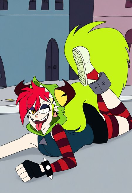 demencia, red hair, green ponytail, striped thighhighs, single striped sock, anklet, green monster hood, yellow eyes, sharp teeth, dark blue hoodie, single striped sleeve, red sneaker, blue sneaker, black skirt, smile, eyeshadow, spiked bracelet, zipper pull tab, torn pantyhose, glove, tongue out, Pov-giantess (macrogts:1.1) (laying on a city (prone) at sunset:1.1), the buildings underneath her body are crushed,
