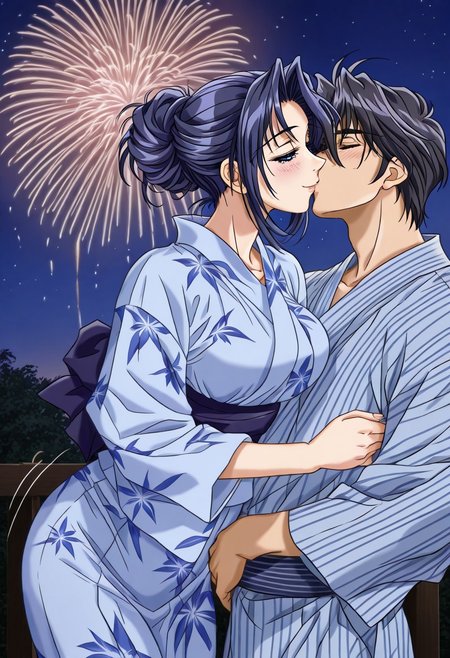 masterpiece, best quality, newest, highres, uncensored, 1girl, yokota mamoru style,1girl, slender face，motion lines,looking at the viewers,torogao,seductive smile,blush
Amou Miyuki,Black Hair, Blue Hair, Curtained Hair, Parted in Middle, Ponytail, Waist Length Hair,Blue Eyes, Tareme Eyes,Big Breasts, 
1girl, fireworks, hetero, 1boy, japanese clothes, kimono, kiss, couple, aerial fireworks, night, hair bun, yukata, closed eyes, single hair bun, blue hair, sky, night sky, black hair, outdoors