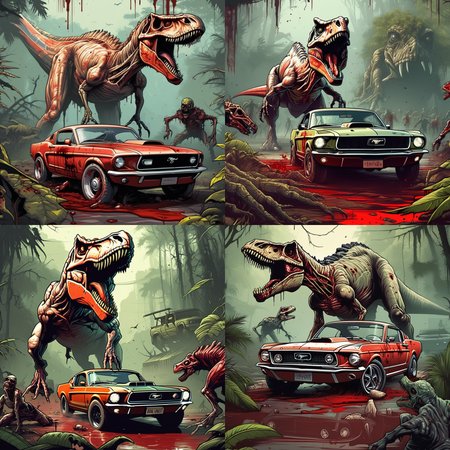 breathtaking sports car ford mustang, horrible terror, gore, blood, in jungle in style of dnmumfrd <lora:dan_mumford:1>  , a dinosaur (undead zombie:1.5) t-rex in background