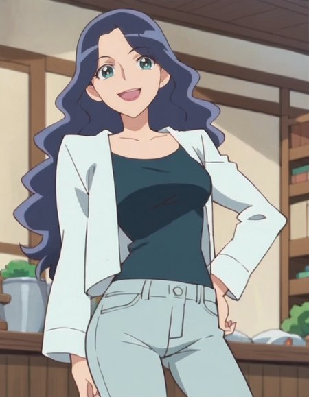 score_9, score_8_up, score_7_up, anime screencap, solo,1girl,kurumisakura, makeup pants, smile,   cowboy shot,medium breasts, cowboy shot,wide hip<lora:kurumisakura:0.8>