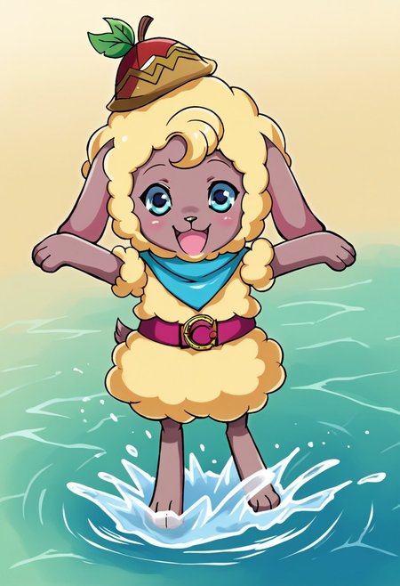 micahwooly, acorn hat, blue eyes, animal nose, happy, sheep ears, gold sheep, blue neckerchief, belt, tail, full body, solo, water, water splashing