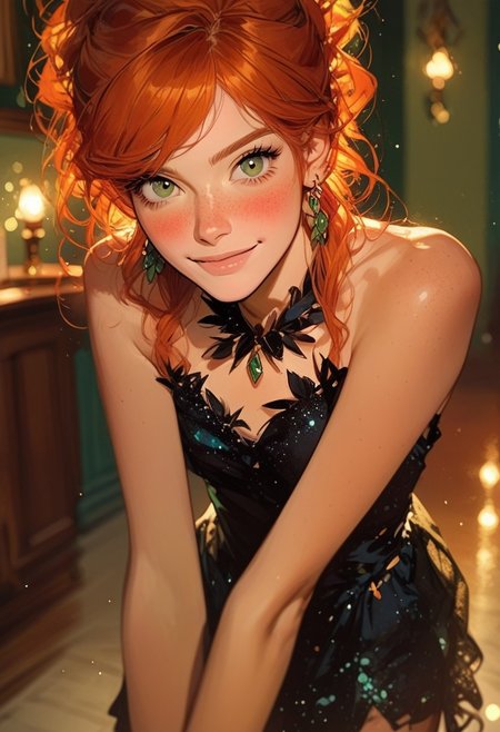 masterpiece,best quality, highly detailed, score_9, score_8_up, score_7_up, score_6_up, source_cartoon,
BREAK,
1girl, Mary Jane, Marvel, green eyes, orange hair, freckles, 1girl, blush, looking at viewer, short dress, mini black dress, glitter on black dress, sparkling dress, bare shoulders, slightly smile, full figure, depth of field, Ball background, earrings, night, indoors, gala background, gala, Aristocratic Soirée, Elite Gathering people background, Semi-realism, closed mouth, bokeh, leaning forward, arms behind